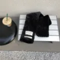 Black plush winter scarf with stylish fabric labels, soft warm fuzzy neck wrap for women. - Black