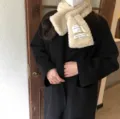Beige faux plush winter scarf with cloth label, soft and warm neck warmer for women. - Milk Tea