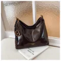 Glossy dark brown hobo shoulder bag detailed view, trendy casual PU leather handbag. - Without Pendant / Coffee