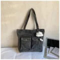 Dark grey denim tote bag with dual front pockets casual shoulder bag for women daily commute - Sand Wash Black