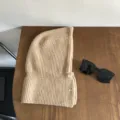 Knitted balaclava hood scarf for women, warm winter fleece hat with snap button design. - One Size / Khaki