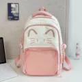 Cute cat style pink school backpack with clear front pocket for student daily use. - Pink