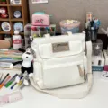 Canvas student messenger bag large capacity school shoulder bag with cute doll pendant - Single Bag / White