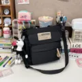 Black canvas student shoulder bag, casual tote bookbag with cross strap and cute rabbit pendant. - Single Bag / Black