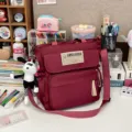 Red canvas messenger bag for students, multi-pocket casual crossbody shoulder school bag. - Single Bag / Burgundy