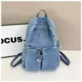 Vintage blue denim backpack with dual front pockets casual student school book bag stylish - One Size / Light Blue