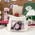 Large capacity clear ita shoulder bag, white PU leather tote with window for pins. - Bag + Pouch + Clear Display Board / Off White