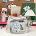 Silver metallic ita bag with clear window and coin purse, stylish student shoulder tote. - Bag + Pouch + Clear Display Board / Silver