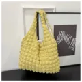 Yellow puckered texture shoulder bag detail, minimalist bubble fabric design tote purse. - Bean Paste Green