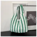 Green white striped puckered shoulder bag casual minimalist tote student vest bag detail - White & Green Contrast