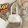 White transparent insert shoulder bag for anime pins and daily casual commuter styles. - Satin Style / White