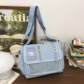 Light blue student messenger bag canvas ita bag with transparent window and front mesh pocket for daily use - Bag + Insert Board / Blue