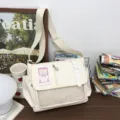 White canvas messenger bag cute student ita bag with clear mesh pocket and bear badge. - Bag + Insert Board / Off White