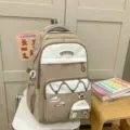 Mochila escolar de lona para estudiantes de gran capacidad en caqui y blanco, elegante - Talla única / Caqui
