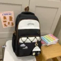 Mochila escolar de gran capacidad en blanco y negro para estudiantes uso diario - Talla única / Negro