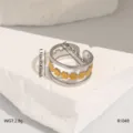 Stainless steel open ring featuring a double band and gold floral cutout design. - Two-Tone (R1048)