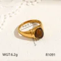 Roestvrijstalen ring voor dames minimalistische luxe titanium staal sieraden met steen. - Maat 6 / Tijgeroog Ovaal Stijl (R1091) / Goud