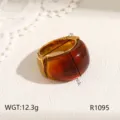 Gedetailleerd overzicht van grove roestvrijstalen amber hars ring, minimalistische luxe sieraad. - Maat 6 / Barnsteenhars Stijl (R1095) / Goud