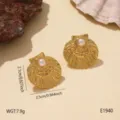 Gold seashell pearl earrings detail view, showing delicate metal texture and size dimensions. - Artificial Pearl Round Shell (E1940)