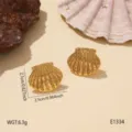 Close-up of gold shell stud earrings, detailed view featuring ocean-themed design aesthetics. - Scallop Earrings (BJGE1335)
