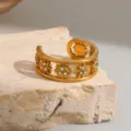 Gold titanium steel sun ring, open cuff design with sparkling rhinestone sunflower motif. - Sunflower Rhinestone Style (R1031) / Gold