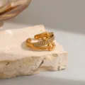 Gold titanium steel open ring with sparkling rhinestones, chic minimalist jewelry design. - Hollow Shield Style (R1035) / Gold