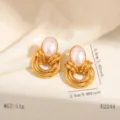Retro vintage gold stainless steel earrings with pink pearl geometric woven design jewelry - Double Hoop Artificial Pearl Earrings (E2244) / Gold