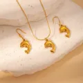Gold dolphin necklace and earrings set, titanium steel ocean style jewelry for women summer. - Dolphin Necklace and Earrings Set (BJGS0102)