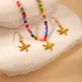 Colorful beaded necklace with gold starfish earrings, summer ocean style stainless steel jewelry set. - Colorful Bead Starfish Set (BJGS0112)