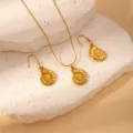 Close-up of gold stainless steel shell pendant necklace and matching earrings set detail. - Conch Necklace and Earrings Set (BJGS0104)