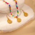 Colorful beaded necklace golden conch seashell pendant earrings set stainless steel summer ocean - Colorful Beads Conch Necklace and Earrings Set (BJGS0111)