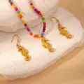 Chic summer marine style colorful beaded necklace and gold seahorse pendant earrings set. - Colorful Beads Seahorse Necklace and Earrings Set (BJGS0109)