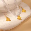 Gold fish pendant pearl necklace earrings set, summer ocean style jewelry for women daily wear. - Artificial Pearl Little Fish Set (BJGS0115)