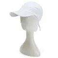 Close-up detail shot of a white summer sun hat with brim and breathable fabric material. - White