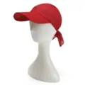 Detail view of women summer red sun hat with scarf tie, breathable fabric for beach outdoor. - Red