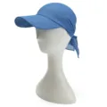 Detail view of the blue sun visor hat with headscarf design, lightweight fabric. - Light Blue