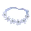 Witte babyhaarband met zeven stoffen bloemen versierd met parels en strasssteentjes. - Wit