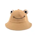 Cute frog bucket hat with embroidered smiley face and 3D ears, soft casual sun hat for daily wear. - Kids / Khaki