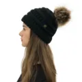 Black knitted beanie hat with faux fur pom pom and metal button detail for women winter warm - One Size / Black