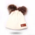 Cute baby winter knit beanie with double faux fur pom poms warm children cap white - One Size / White