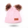 Pink knitted baby beanie detail, double pom-pom winter hat, soft warm children knitwear cap - One Size / Pink
