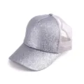 Detail shot of silver glitter baseball cap, breathable mesh back panel, summer sun hat. - One Size / Silver