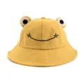 Cute yellow frog bucket hat with embroidered smiley face and plush eyes for casual sun protection. - Kids / Yellow