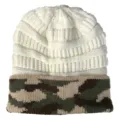 Winter warm knitted beanie hat with camo cuff and white cable knit top for outdoor sports. - One Size / White