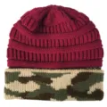 Close-up view of the cozy knit beanie featuring detailed maroon ribbing and stylish camo cuff. - One Size / Wine Red