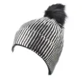 Black and silver striped knit beanie with fluffy faux fur pom pom for women autumn winter warm - Silver
