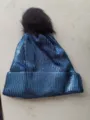 Blue metallic knit beanie for women, warm winter slouchy hat with black pom pom. - Blue Gray