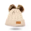 Cozy children cable knit winter beanie hat with double fluffy faux fur pom poms! - One Size / Beige