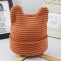 Cute striped cat ear baby knitted beanie, orange and beige warm winter hat for kids. - Suitable for 6 Months - 3 Years / Orange