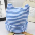 Baby striped knit beanie hat with cute cat ears, soft warm winter cap for infant toddlers. - Suitable for 6 Months - 3 Years / Blue
